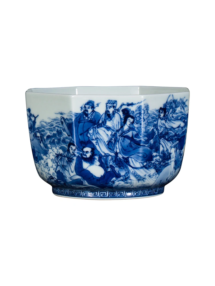 Zhongjia Master Jingdezhen Chai Kiln Blue And White Hand Painted Immortals Crossing The Sea Eight Square Cup Kung