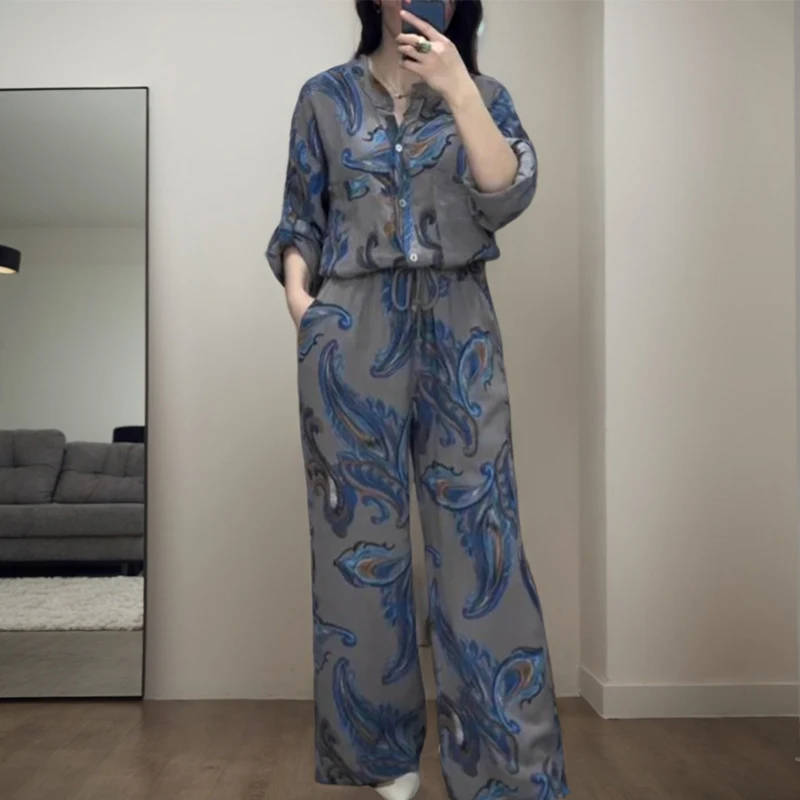 Vintage Print Two Piece Sets Fashion O-neck Three-quarter Sleeve Single-breasted Shirt And Drawstring Pocket Wide-leg Pant Suits