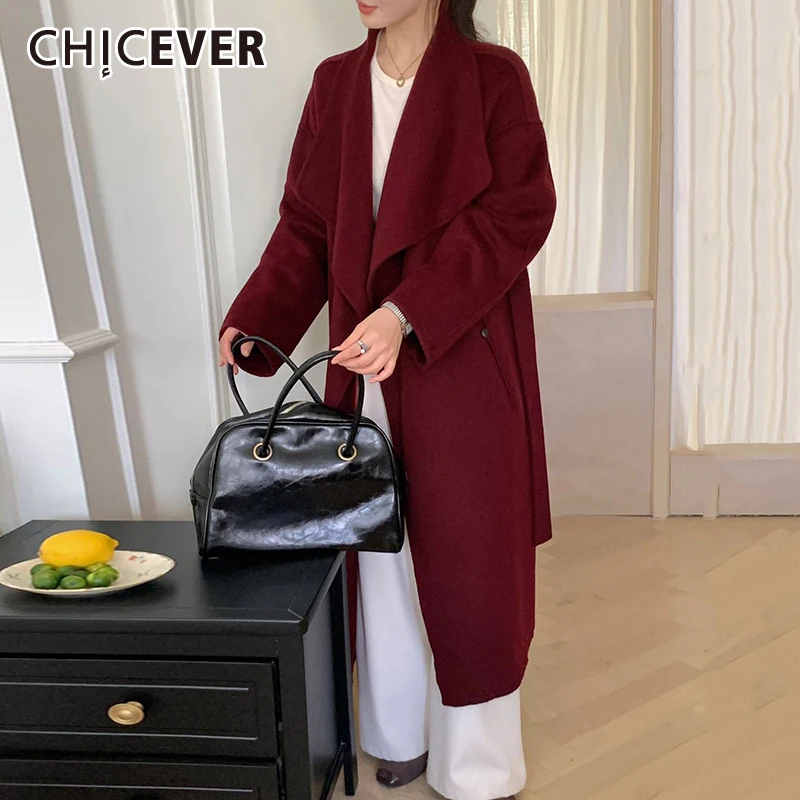 

CHICEVER Elegant Wool Cardiagn Coat For Women Lapel Patchwork Lace Up Temperament Fashion Warm Trench Female Winter Clothing New