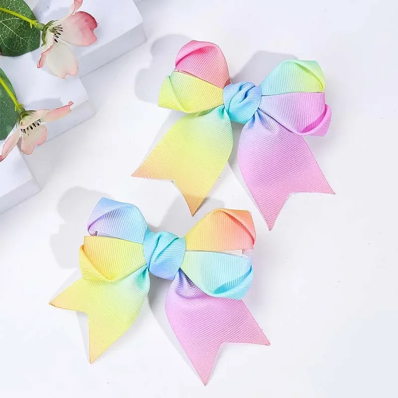 ncmama 2Pcs Gradient Rainbow Hair Clips Cute Ribbon Bow Hairpin for Children Sweet Girl Handmade Barrettes Baby Hair Accessories