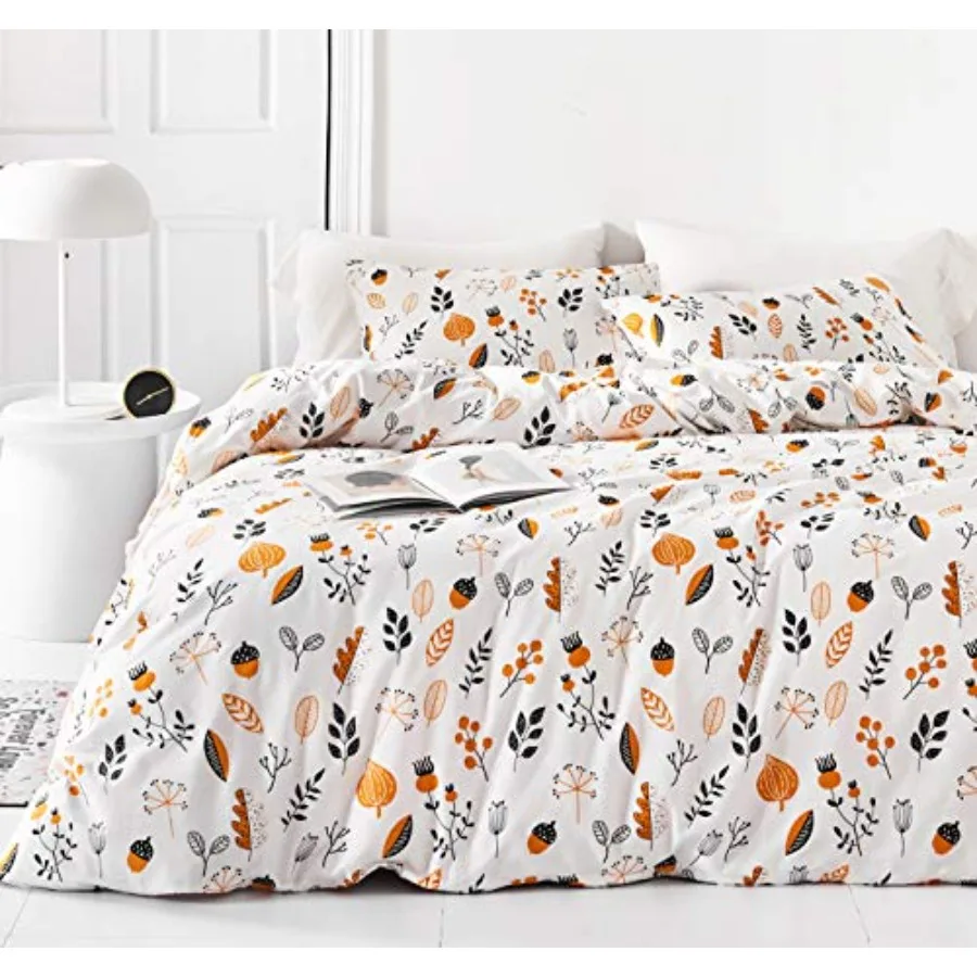 

Botanical Duvet Cover 100% Cotton 3 Pcs Set 1 Orange Duvet Cover with Zipper Ties 2 Pillowcases Farmhouse Acorn Flower Leaves P