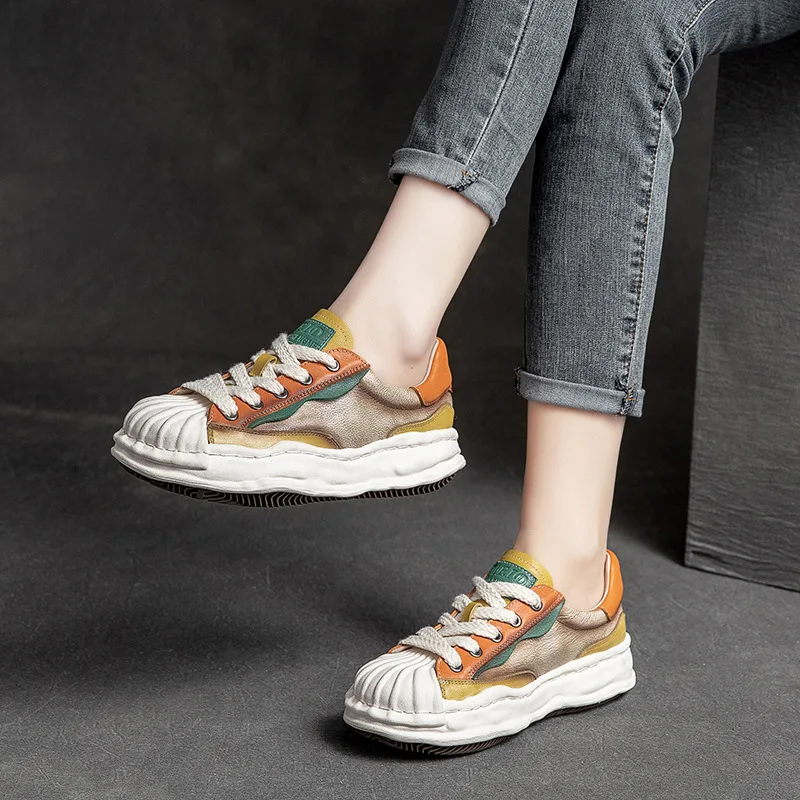 Women Casual Genuine Leather Sneakers Retro Woman Dissolving Shoes Female Spring shell-toe thick-soled Comfortable sports shoes