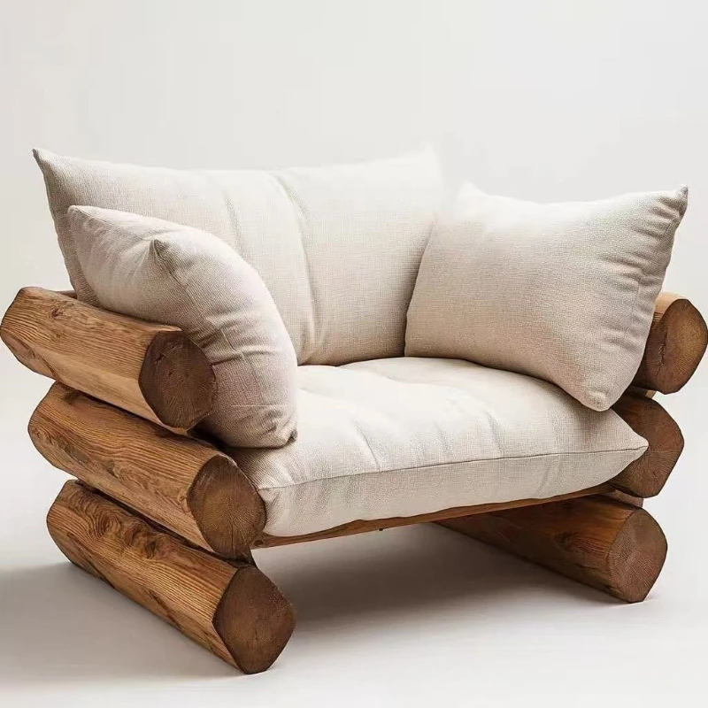 

Wabi-sabi style solid wood sofa chair living room log single sofa chair B&B hotel