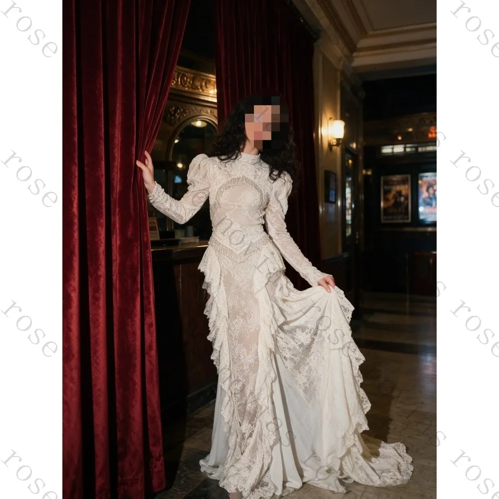 Customized Retro Lace Ruffle Mermaid Wedding Dress New Romantic High Neck Bubble Sleeves A-line Bridal Gown Suitable for Parties