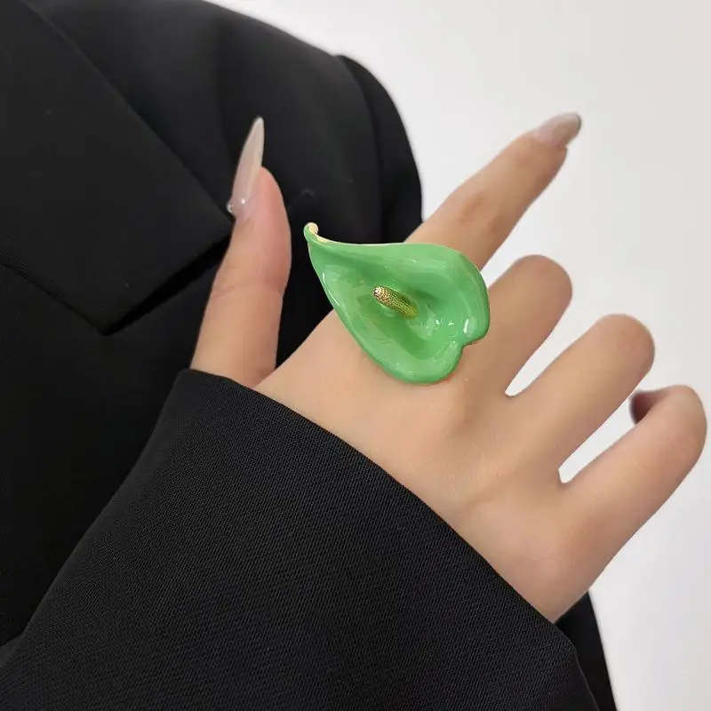 Calla Flower Ring Elegant Adjustable Enamel Metal Open Geometric Design Valentine's Day Gift for Girlfriend