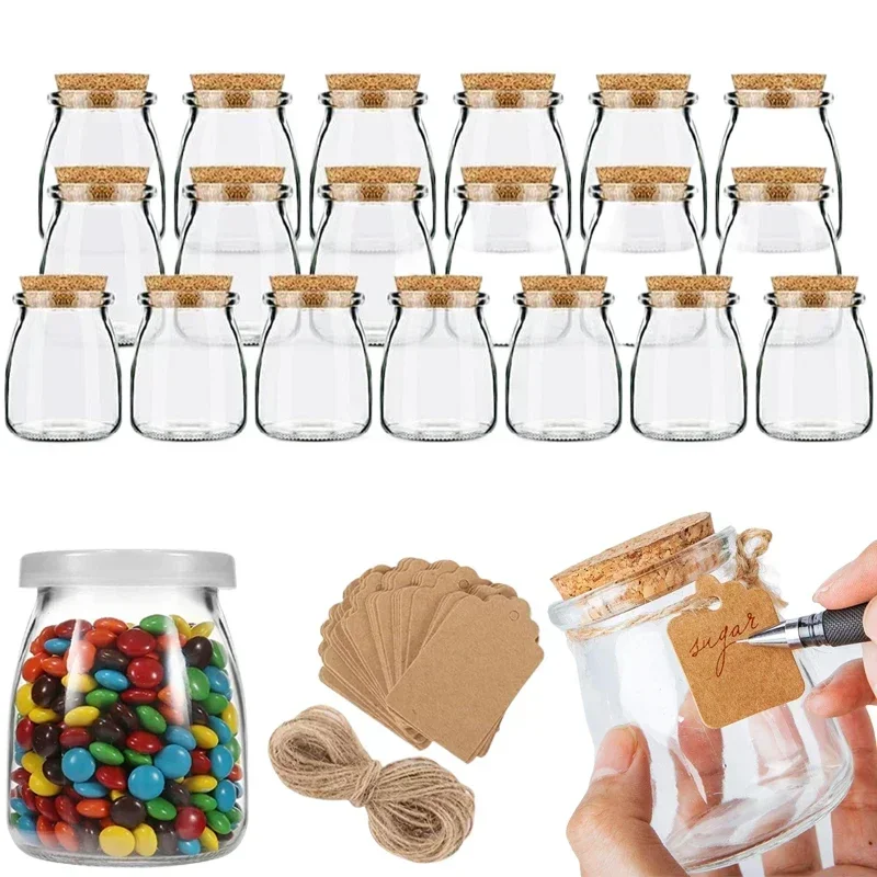 10Pcs Empty 100/200ML Glass Storage Jars with Cork Lid Glass Containers  w/ Tags and Ropes For Pudding Jam DIY Candle Decorative