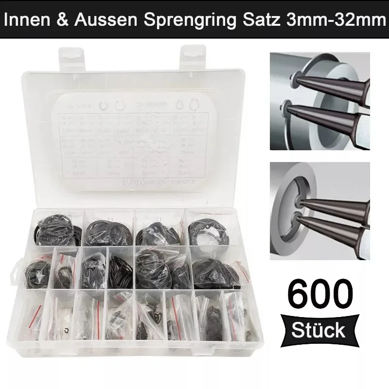 

600pcs Black 65mn Steel Retaining Clip Snap Ring Assortment Kit Set M3-M32 C Type External Circlip for Bearing Shaft