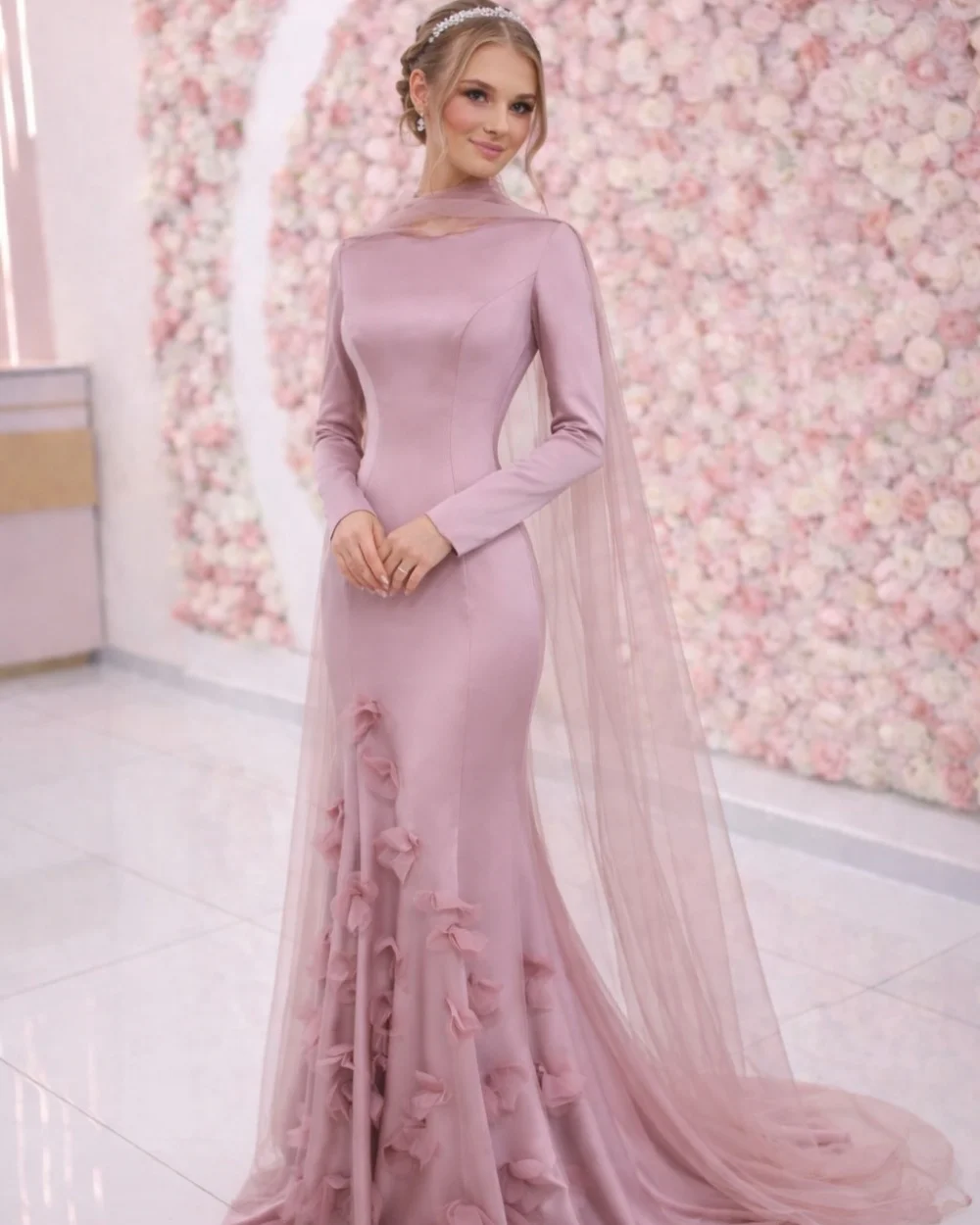 

Customized Classic Women Charmeuse Sparkle Pleat Mermaid Evening Dresses Formal Sexy O-Neck Long Sleeves Floor Lenght Party Gown
