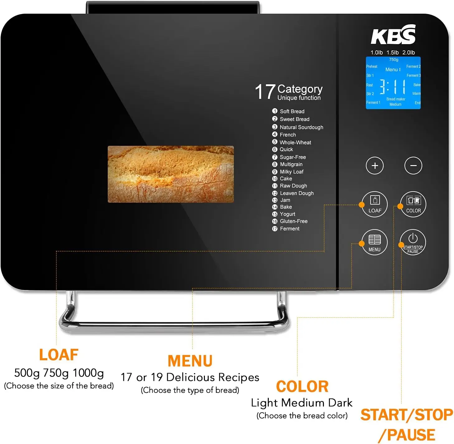 Pro Stainless Steel Bread Machine, 2LB 17-in-1 Programmable XL Bread Maker with Fruit Nut Dispenser, Nonstick Ceramic