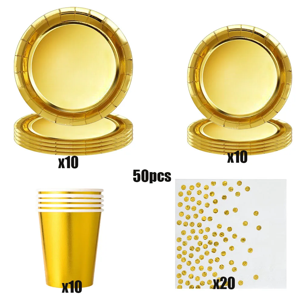 Goldenes Party Einweg-Geschirrset Goldene Pappteller Becher Servietten Tischdecke Erwachsene Hochzeit Geburtstag Dekorationen Zubehör – Detail 1