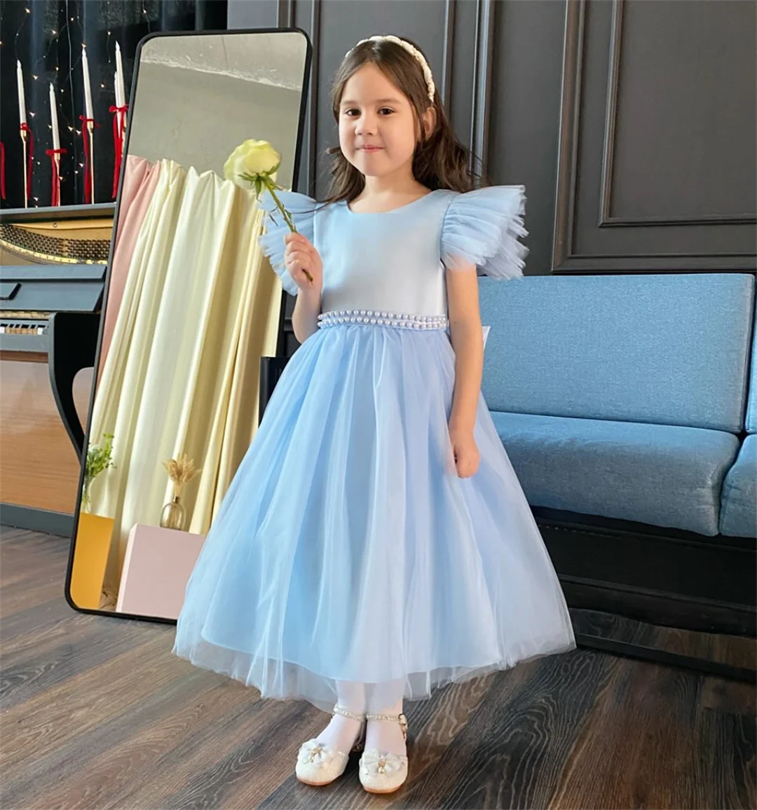 

Kids Flower Girl's Dresses Solid Colored Satin Tulle With Peals Sleeveless Elegant Princess Wedding Party Dress Fit 2-14 Years
