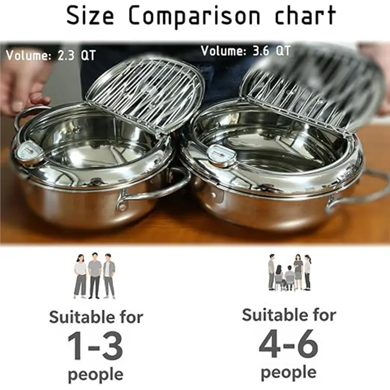 ABYN-Fryer Pot 3.6QT-D, 3.4L Deep Frying Pot With Thermometer, Food Grade Stainless Steel For 3-6 People, Japanese Style