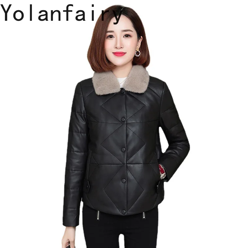 

YOLANFAIRY Sheepskin Genuine Leather Jacket Women Loose Fashion Winter Short Down Coat Mink Collar Outwears New Jaqueta Feminina