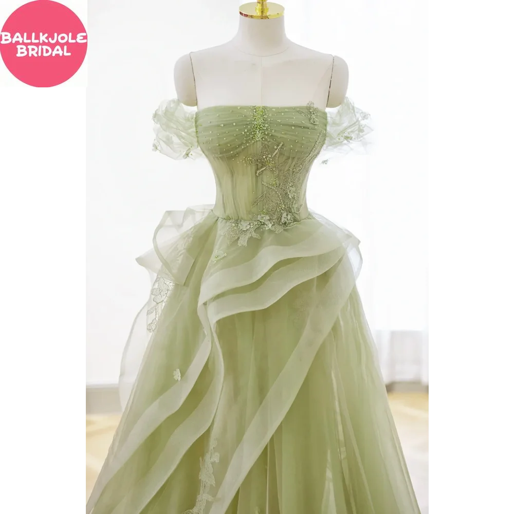 Green Tulle Lace Long Prom Dress with Corset, Green Formal Party Dress