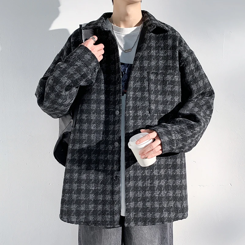 

Preppy Sle Long Sve Men's Jaet Autumn Faion Oversize irird Pattern Turn-down Collar Single Button Decorative But...