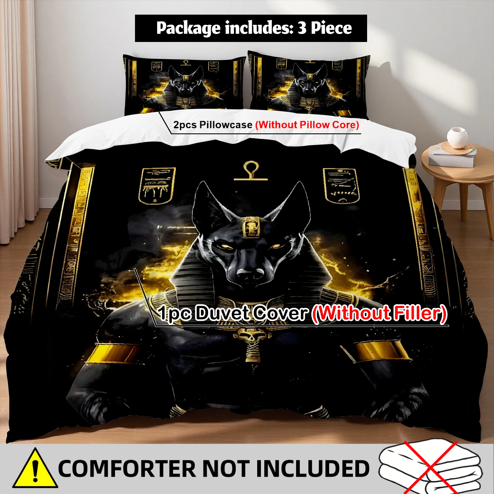 Ancient Egyptian Anubis Duvet Cover Set Black Gold Egyptian God Bedding For Egyptian Culture Lovers Bedroom Twin Queen King Size