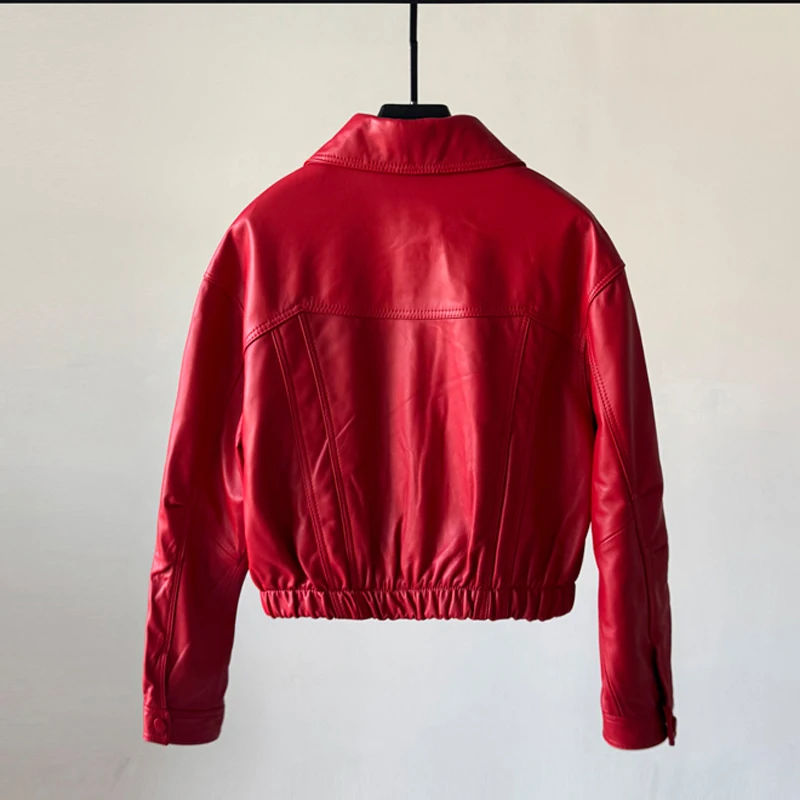 الأحمر 100% معاطف السترة الجلدية الحقيقية للنساء 2025 خريف جديد التلبيب طوق مرونة الخصر الإناث عادية سستة سترة من جلد الغنم القمم