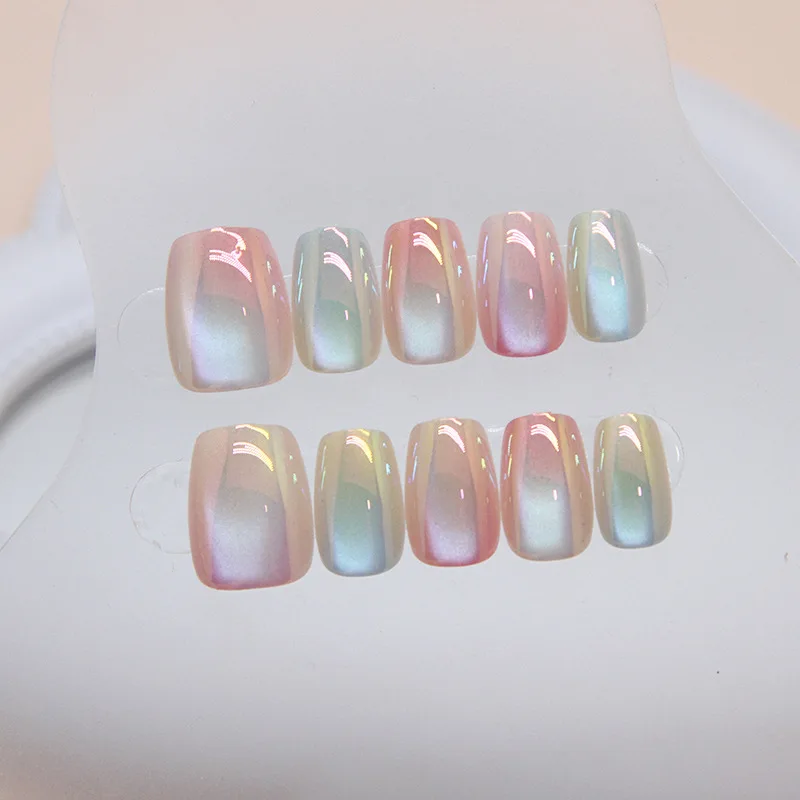 30Pcs Candy Color Fake Nails Glossy Cat's Eyes Press on Nails Short Square False Nails Tips Wearable Manicure for Women Girls