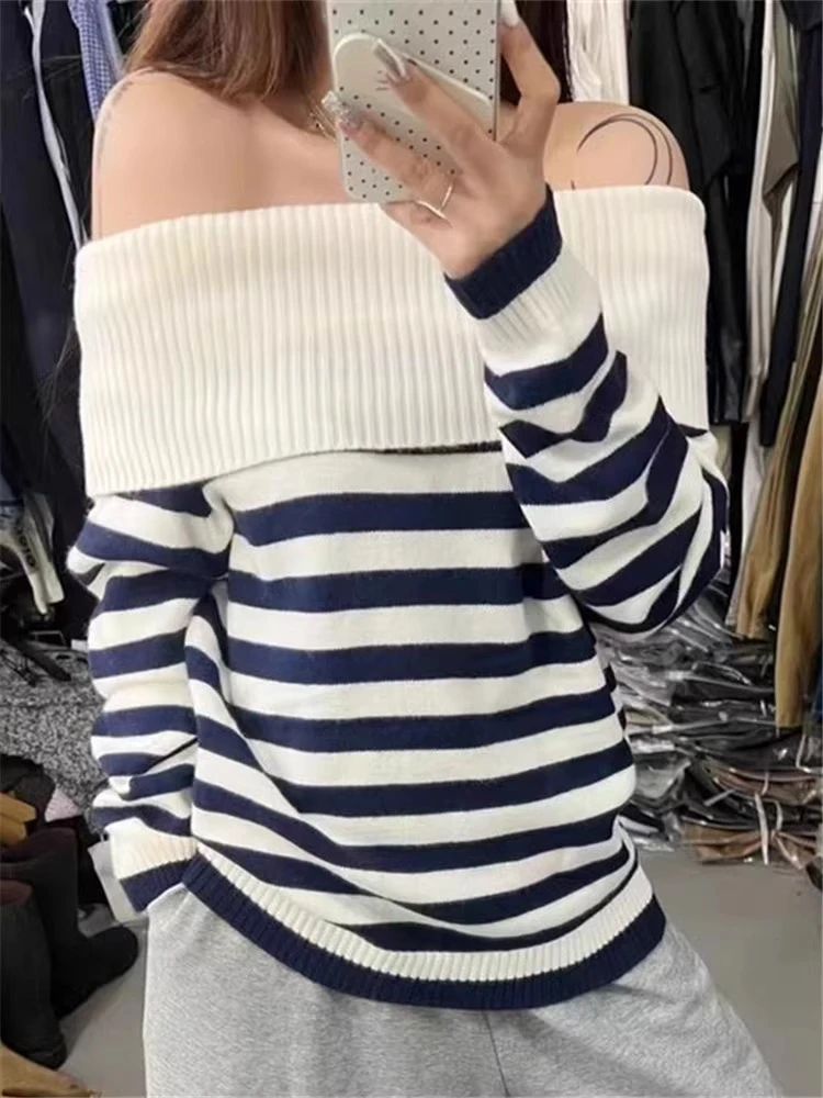 Harajuku Slash Neck Stripe Sweaters Autumn Grunge Vintage Women Loose Pullovers Y2k Aesthetic Off Shoulder Casual Knitted Jumper