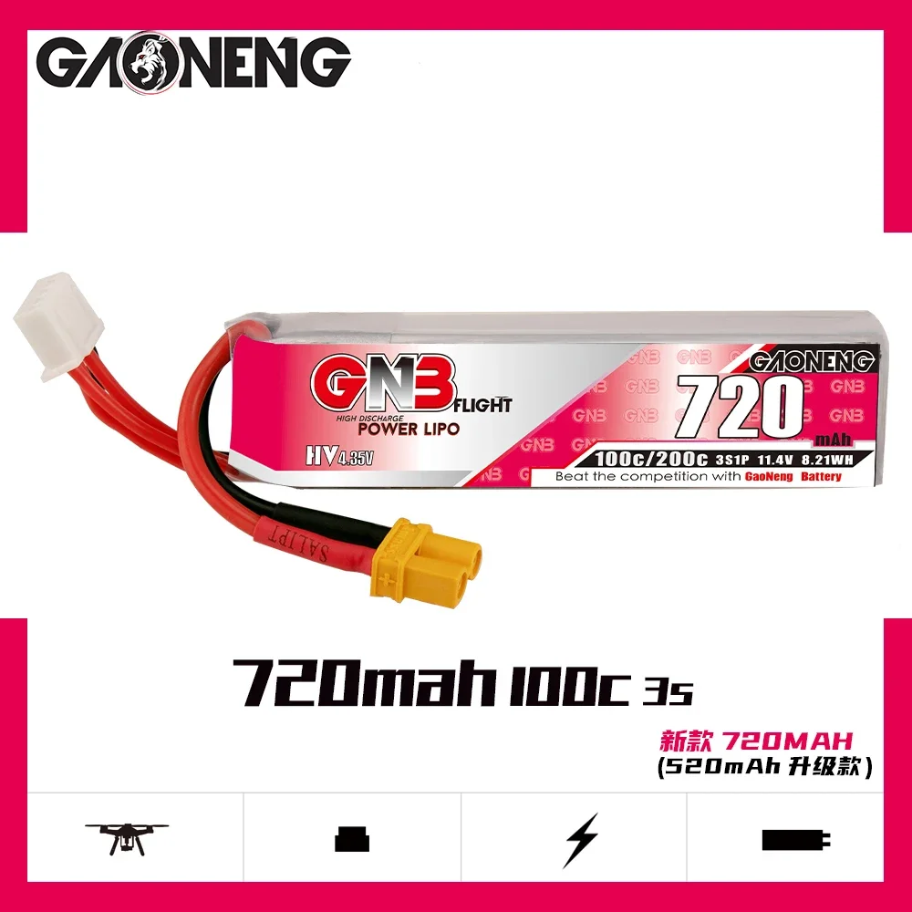 

Gaoneng GNB 3S 720mAh 11.4V 100C/200C HV Lipo Battery XT30 Plug For FPV Racing Drone 4 Axis UAV Quadcopter RC Drone Parts