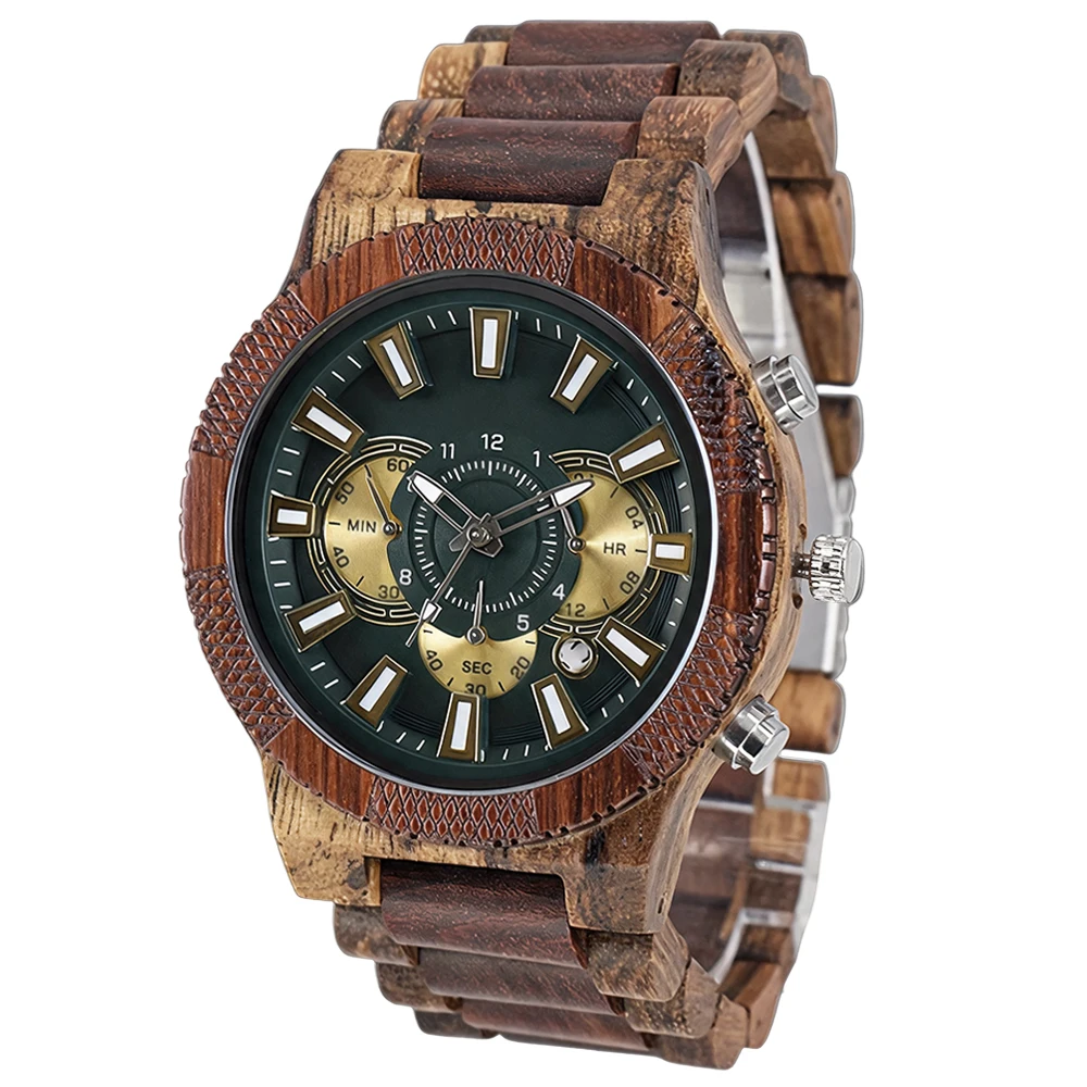Multifunction Men's Quartz Watch with Sandalwood Wooden Case and Calendar Luminous Chronograph for Daily