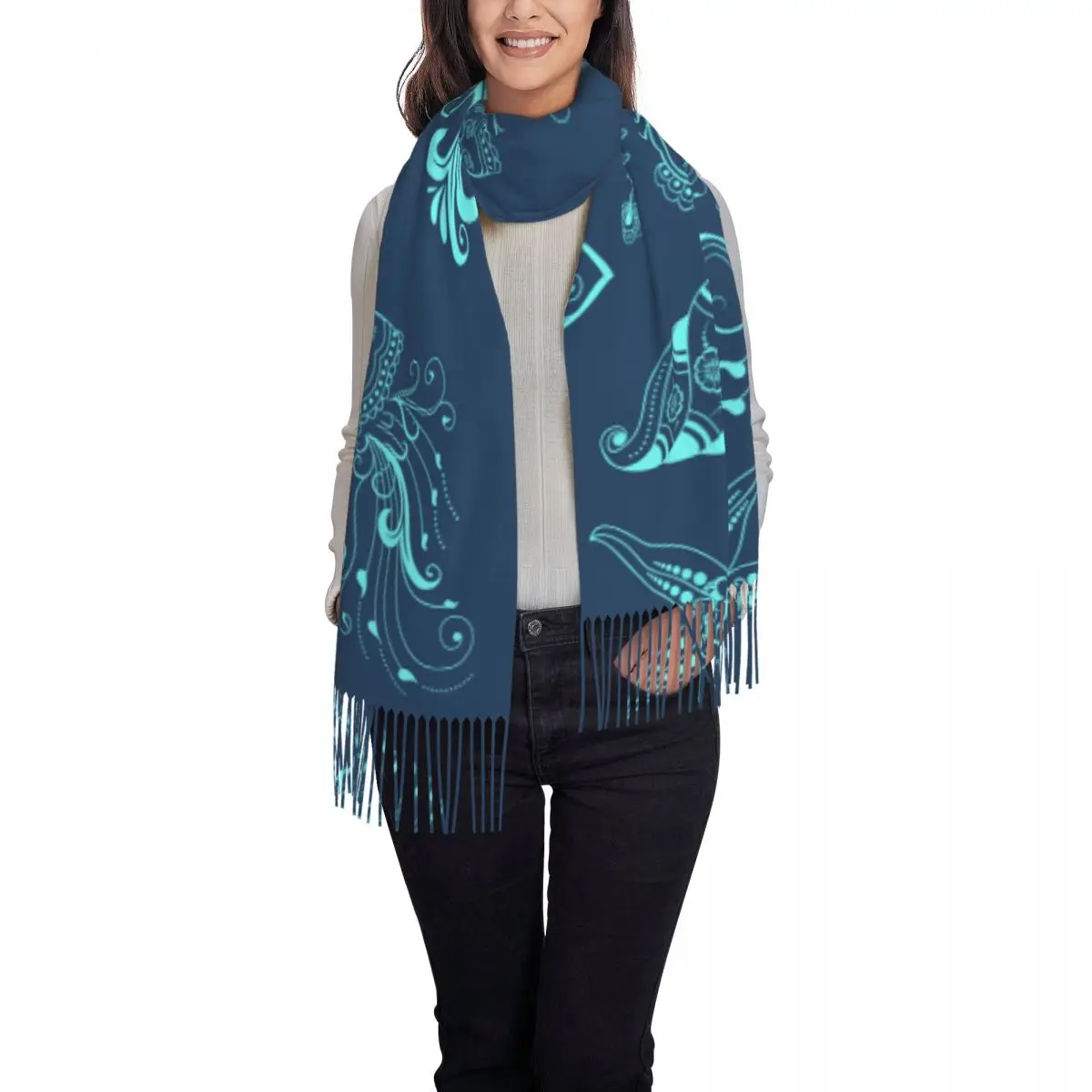 Winter Tassel Scarf Watercolor Deep Sea Creatures Cashmere Scarves Neck Head Warm Pashmina Lady Shawl Wrap Bandana