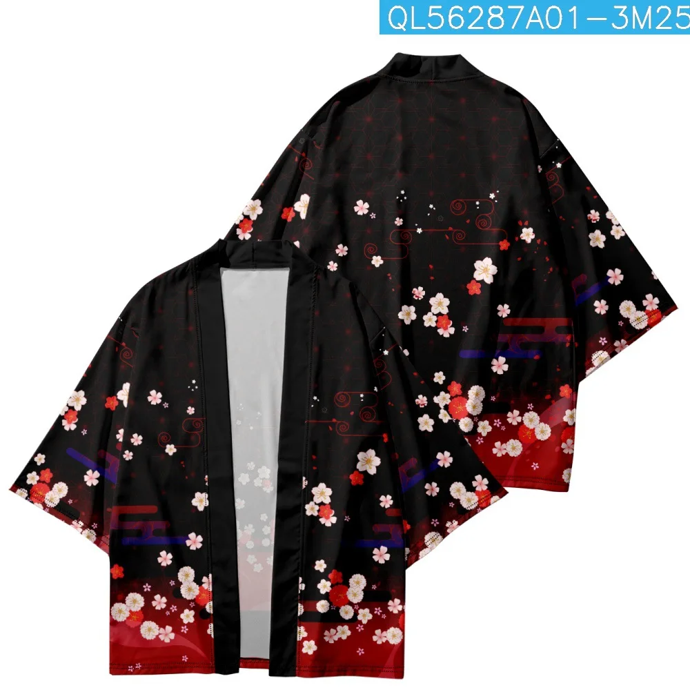 

Cartoon Cherry Blossom Printed Black Kimono 2023 Japanese Women Men Summer Beach Cardigan Yukata Haori Shirts Top