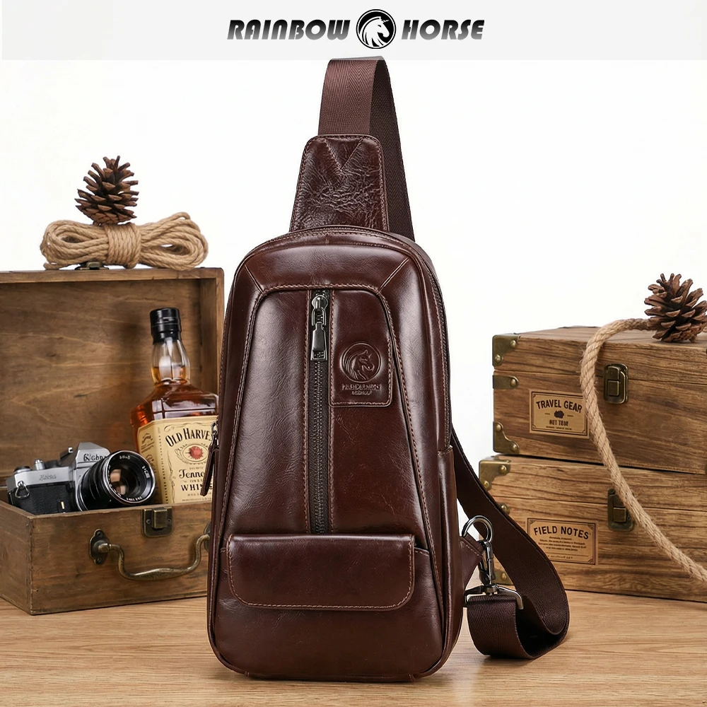 Rainbow Horse 2026 New Men's Genuine Leather Chest Bag Casual Multi-functional Storage Bag Small Backpack Universal Single Shoul