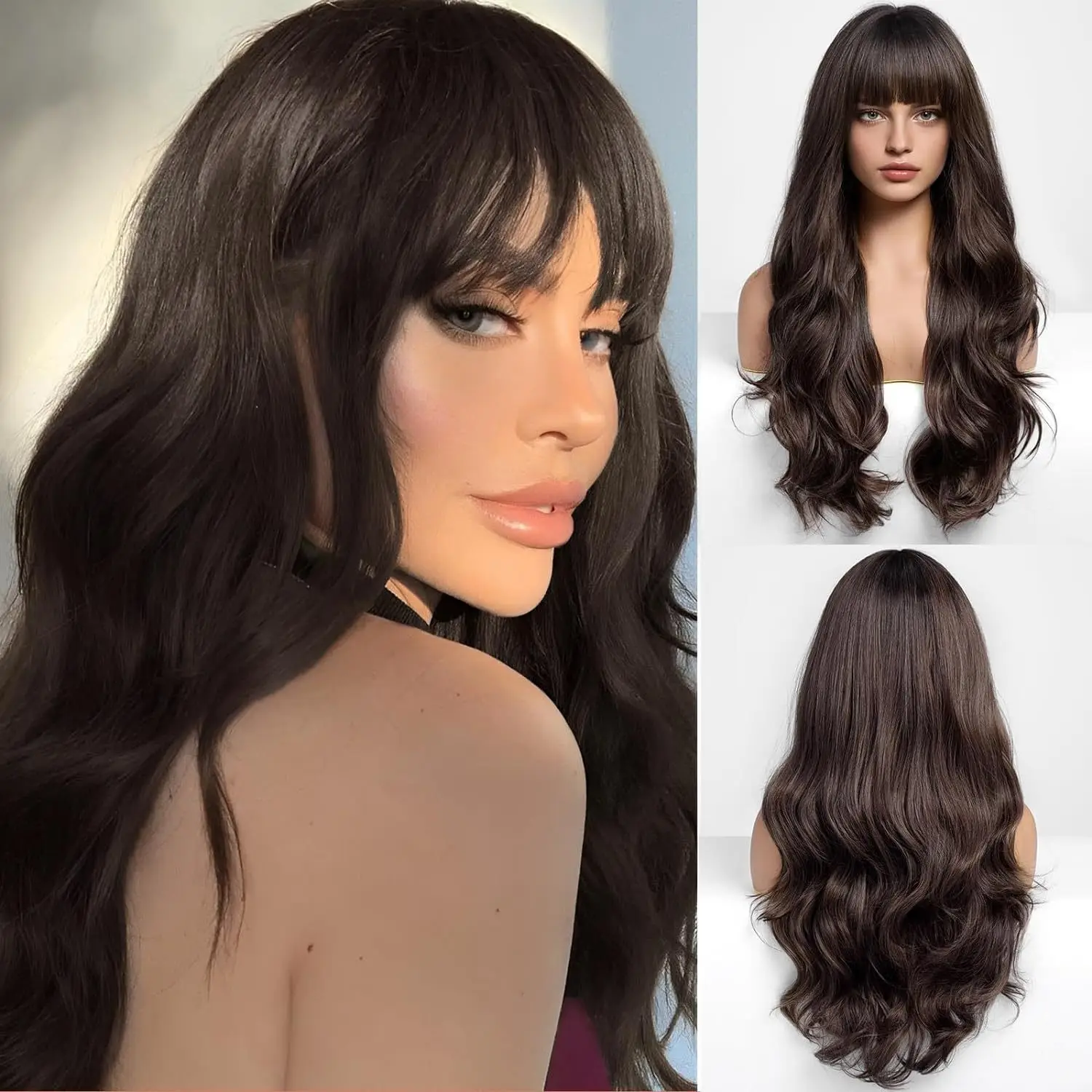 Neue Mode braune synthetische Perücke mit Pony langes lockiges Haar große Welle Perücke weibliche Hochtemperatur-Seidenkopf-Set-Perücke