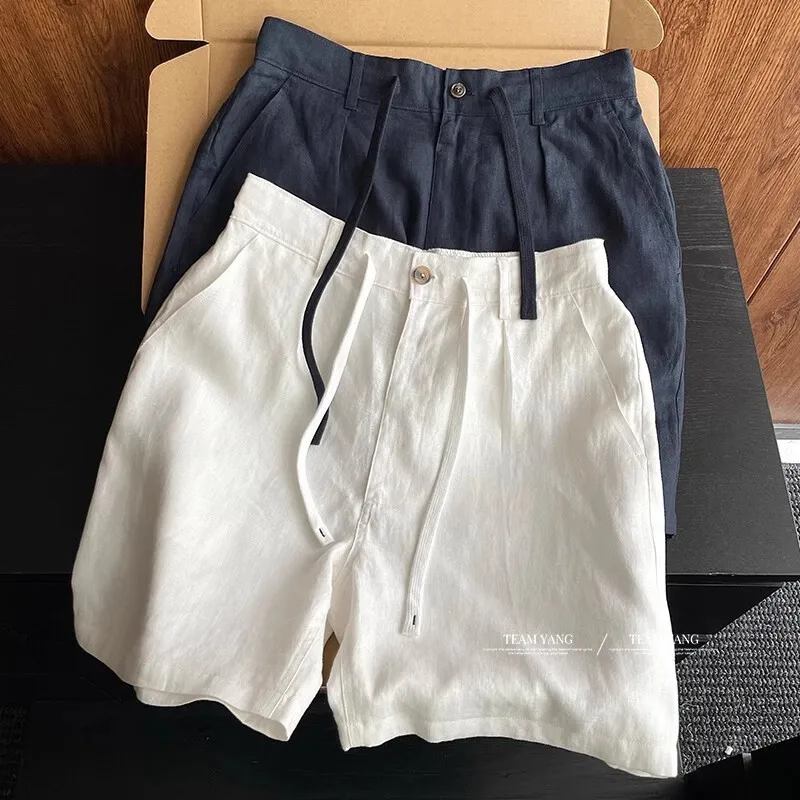 Men's Summer Lightweight Breathable Drawstring Linen Suit Shorts with a High-End Feel, Ice Silk Casual Knee-Length Shorts