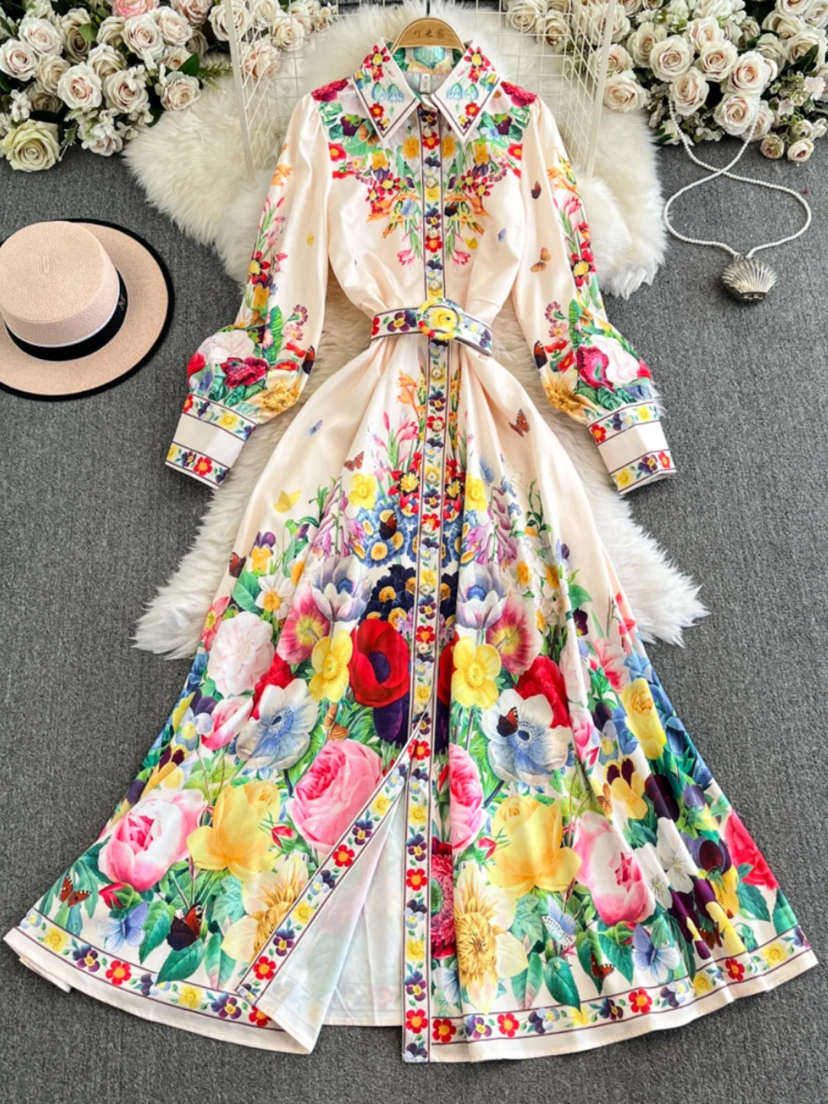 Frühlings-Blumen-Serie, lang, schmale Passform, Dr-Knopfdetail, irt-Kragen, Laterne, Swe, bedruckt, hohe Taille, mittlere Länge, A-Linie Dr