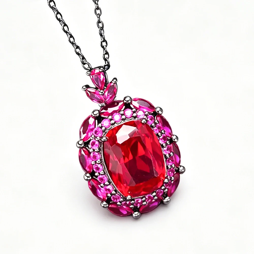 

New Design Synthetic Ruby Pendant Necklace Black Gold Red Corundum Gemstone Cu12*16mm Fine Jewelry for Women Party Daily Wear