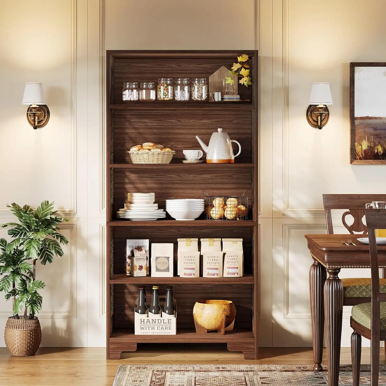 6-Tier Bookcase, 70.8" Vintage Tall Bookcase, Floor Standing 5-Shelf Display Rack Storage Shelves Mid-Century Bookcase for Home