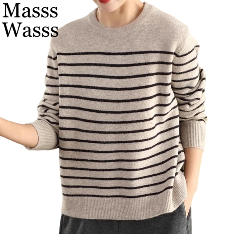 

Mass Wasss Британская зимняя мода полосатый пуловер с круглым вырезом женские свободные теплые винтажные свитера женские 2025 классические джемперы для отдыха
