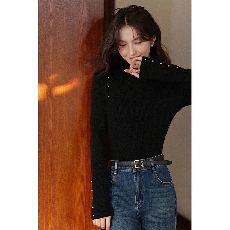 

ALXNAN женские черные пуловеры, осенние облегающие многослойные футболки с длинными рукавами и бисером, модные универсальные женские вязаные топы L58250