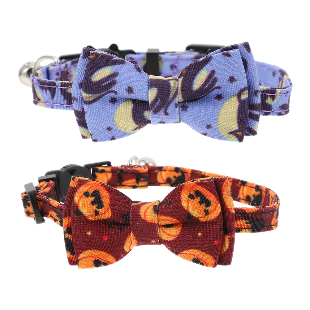 

2pcs Cat Collar Adorable Polyester Bowknot Halloween Pet Neckwear with Bell Stylish Dog Collar Durability Practical
