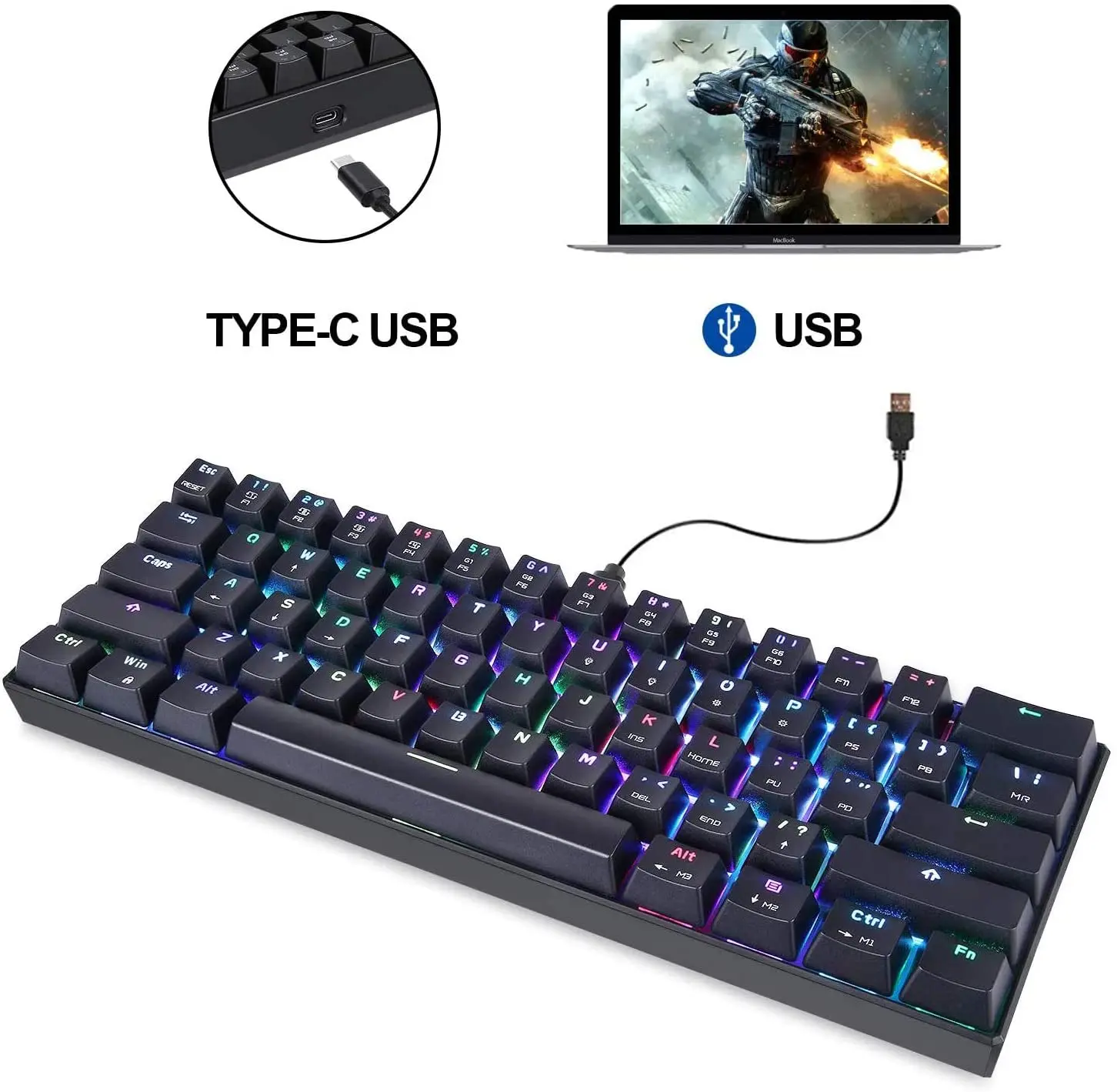 Motospeed CK61 Mechanical Keyboard Portable 61 Keys RGB LED Backlit USB Wired Office/Gaming Keyboards for Mac, Android, Windows