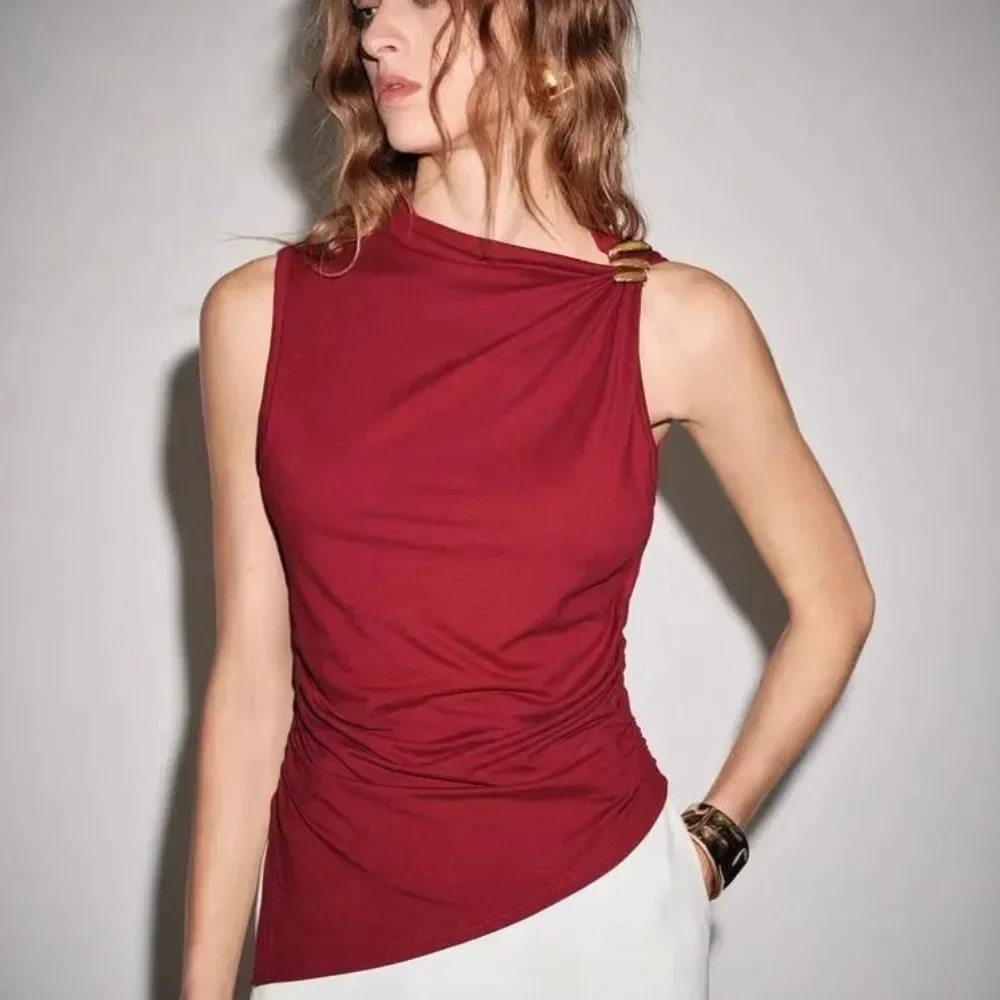 Women Asymmetrical Ruched Tank Top Solid Metal Buttons Sleeveless Slim Flattering High End Soft Breathable Comfy Versatile New