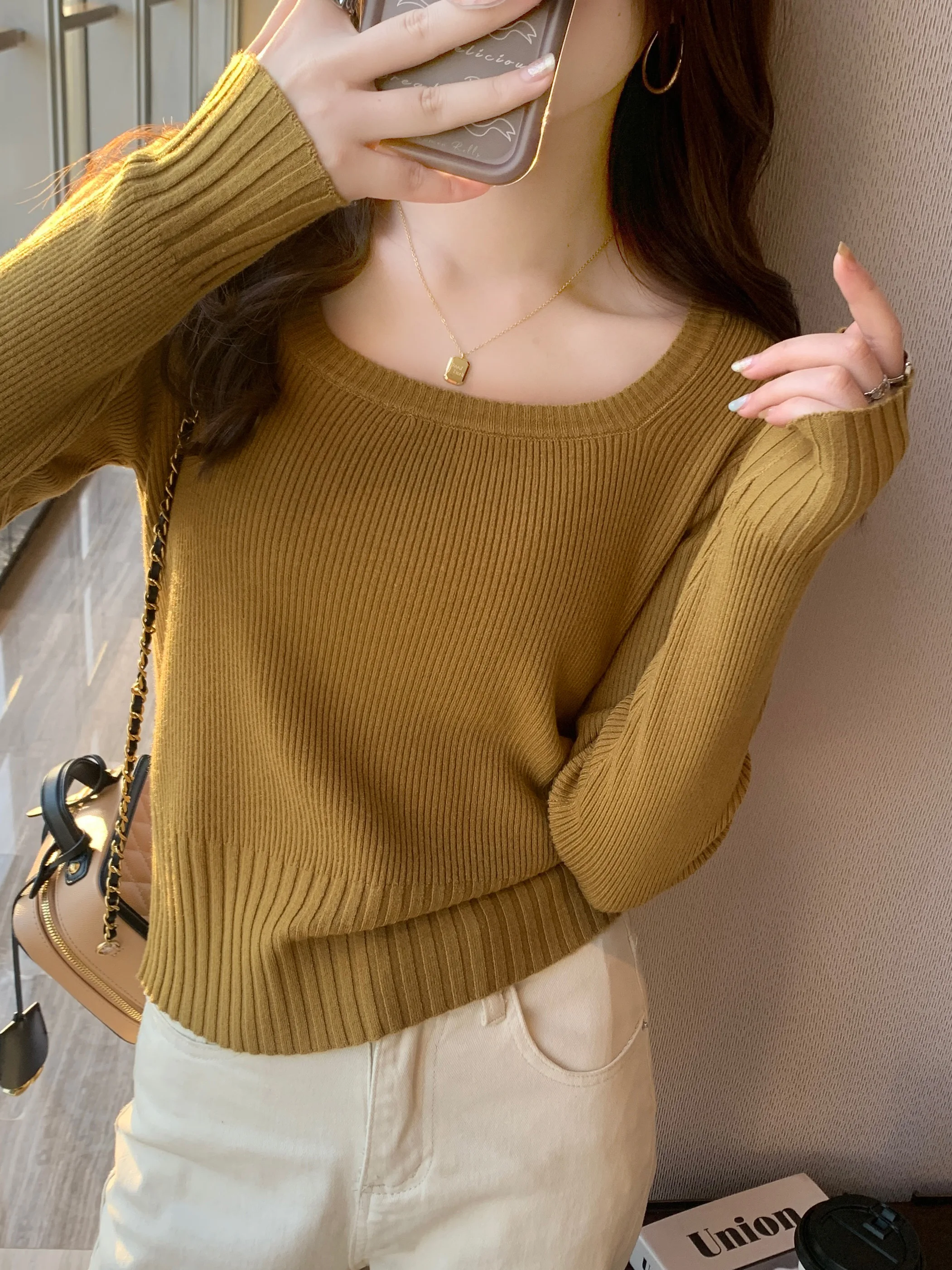 2024 U Neck Women Autumn Winter Sweaters Slim Knitted Pullovers Soft Warm Solid Jumper Female Sweater Casual Knitwear Jersey Top