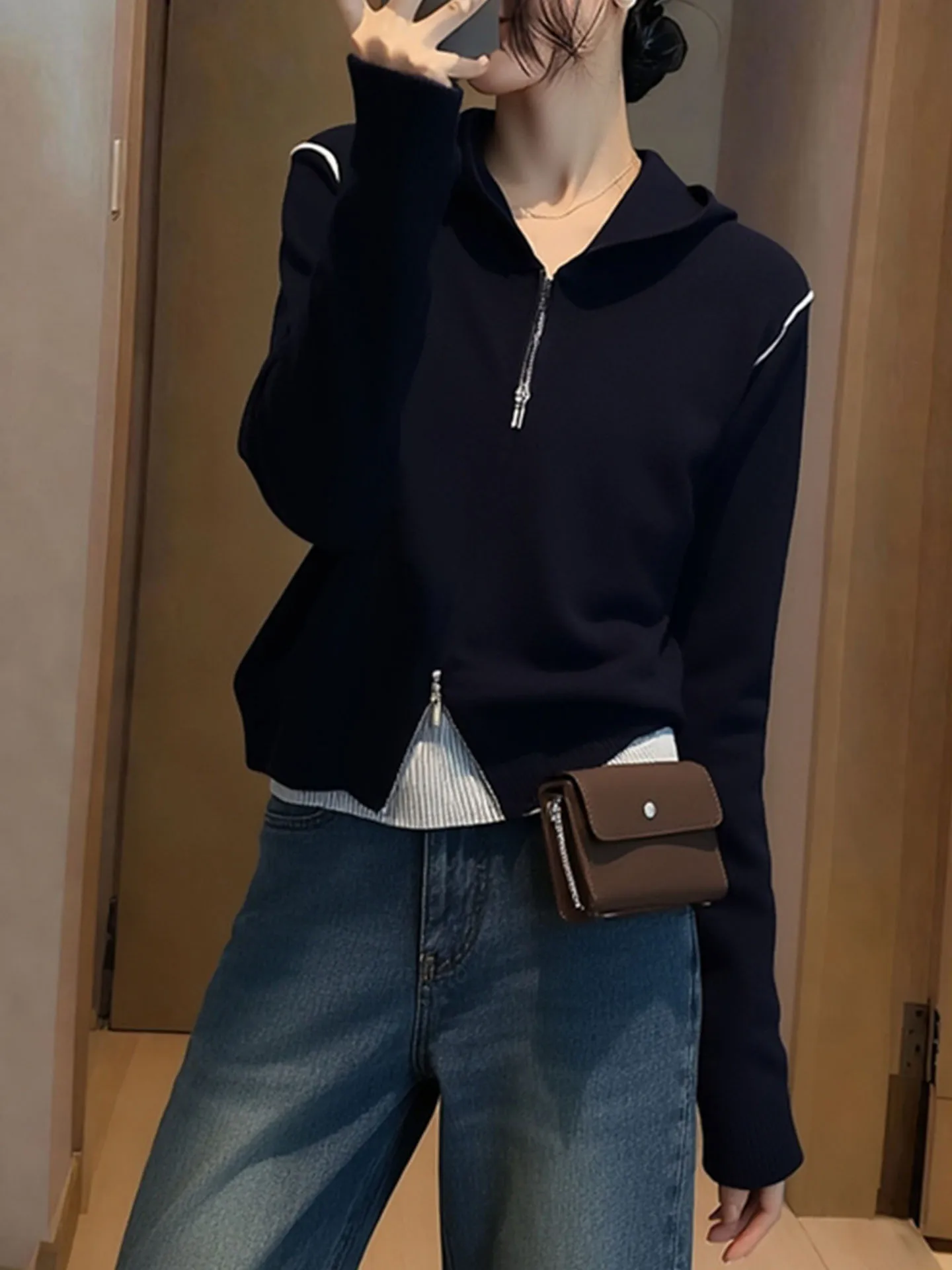 Korean Sle Winter Faionable Hooded Camere Knitwear Long Sve Color Blo Design Casual Comfortable Women's Top