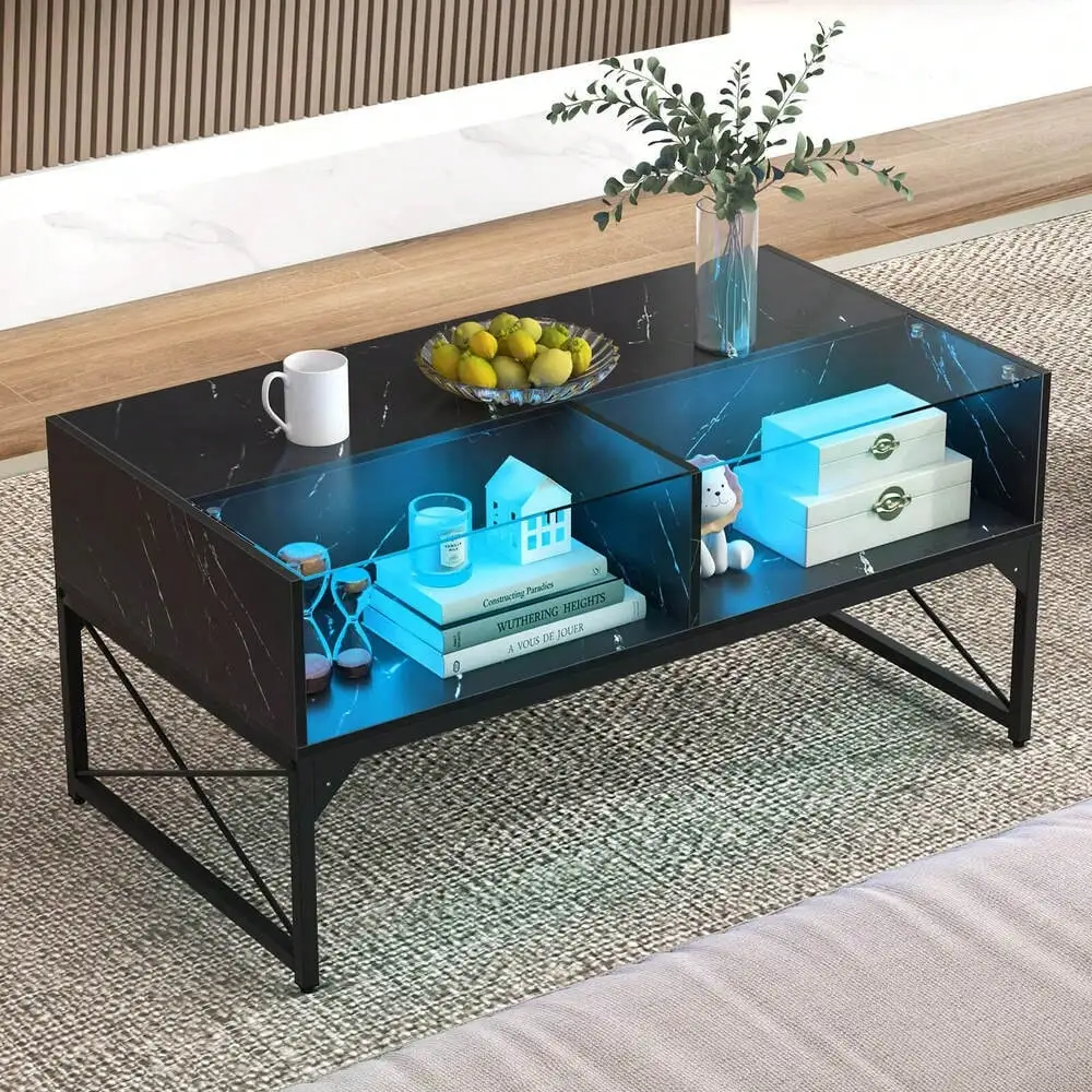 High-gloss Coffee Table w/ Faux Marble & Tempered Glass Top 4 Storage Cubes