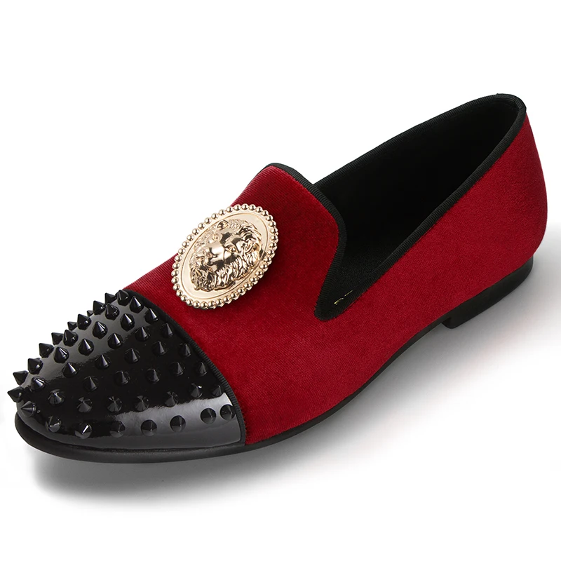 Harpelunde Lion Emblem Dress Wedding Prom Shoes Spikes Cap Toe Tuxedo Velvet Loafers