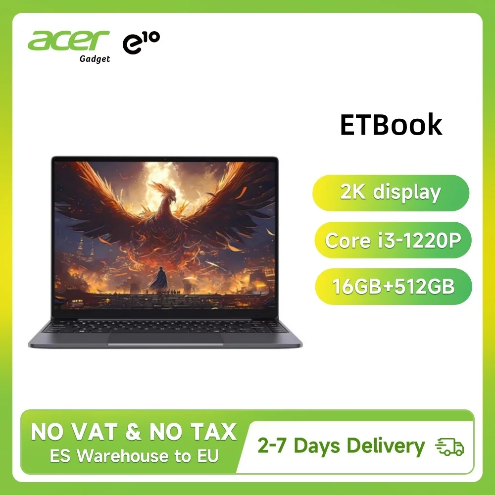 Ordinateur portable Acer Gadget e10 ETBook Intel Core i3-1220P, 16 Go DDR4, 512 Go SSD, 8 cœurs, 12 threads, écran 14 pouces 2K, ultra-fin, WiFi6, longue autonomie, Windows 11, pour le bureau et les études