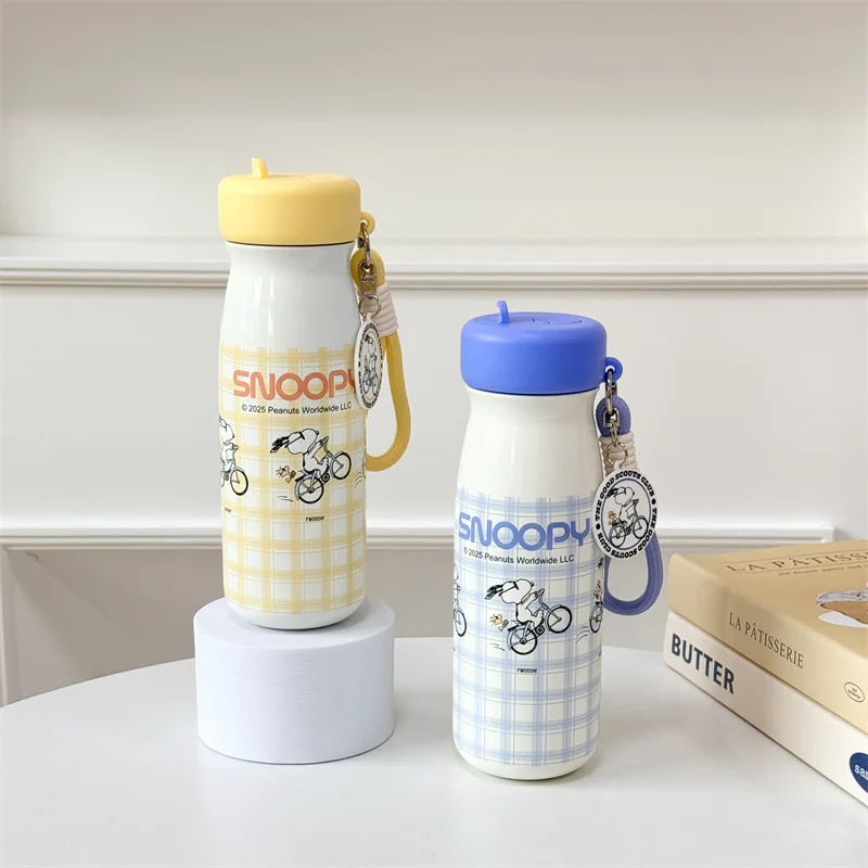 

Snoopy Cute Cartoon Insulated Water Bottle With Whistle Straw& Carry Handle Portable Sippy Cup Students School Daily Drinking