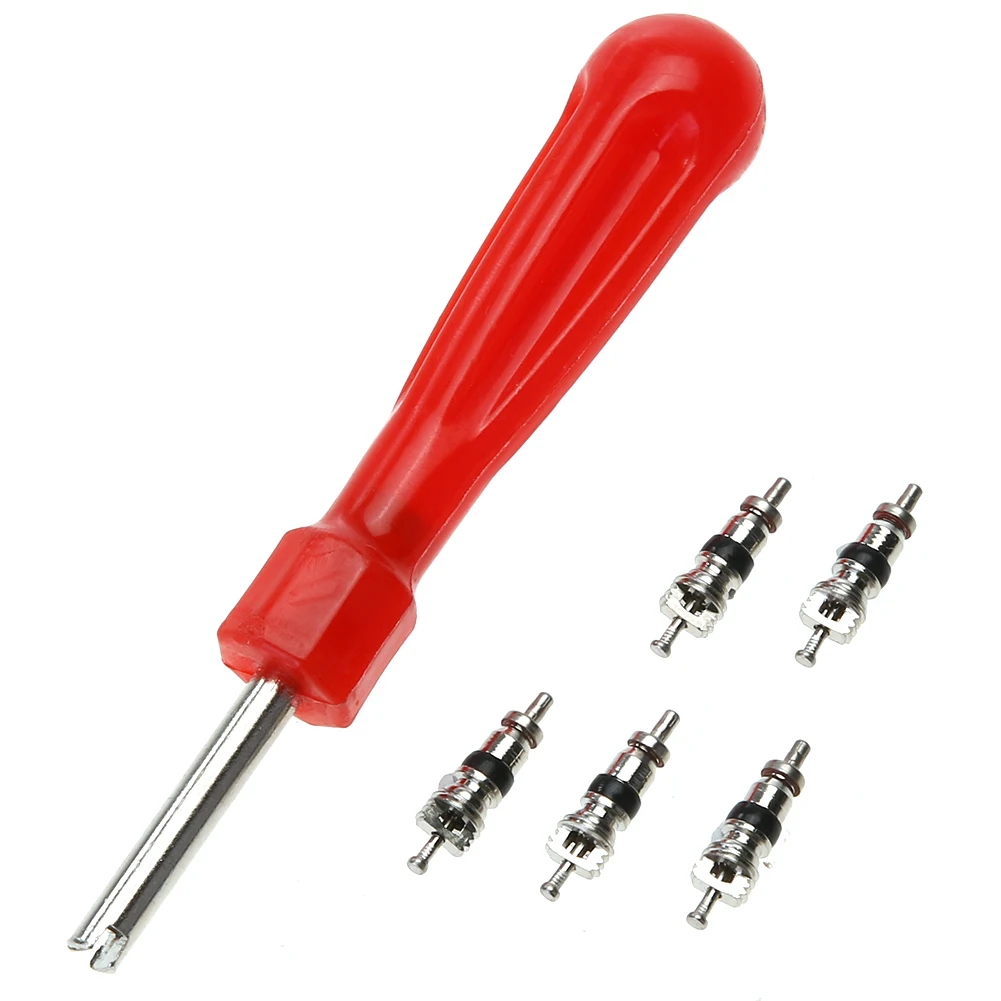 Valve Core Removal Tool Screw Driver Tire Repair Wrench with 5 Valve Cores