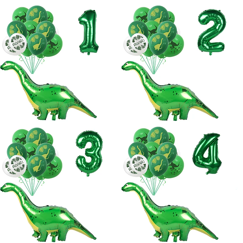 17pcs Dinosaur Latex Balloons Green Happy Birthday Banners Number Balls Dinosaur Theme for Boy Birthday Party Decor 1 2 3 Years