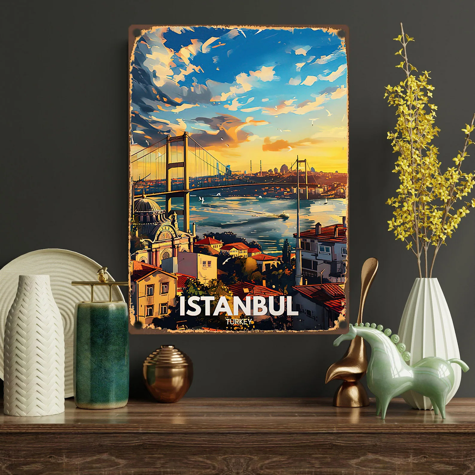 2D Flat, Vintage Istanbul Metal Tin Sign - 8.0x12.0inch Vintage wall art with iconic Bosphorus Bridge and sunset skyline, perfec