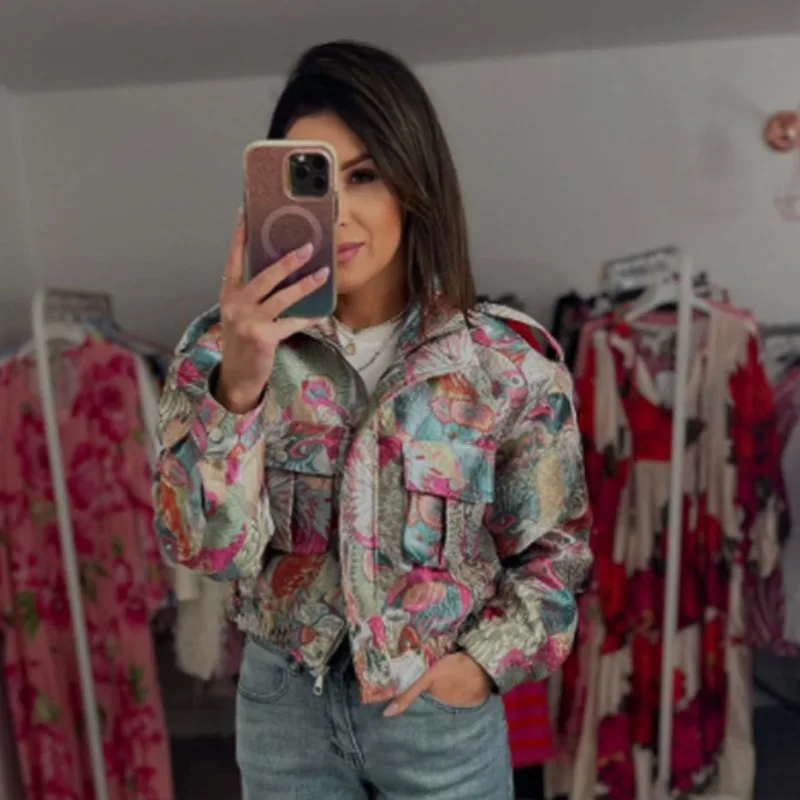 Women Stand Collar Floral Print Cropped Cargo Jacket, Multi Pockets Zip Up Jacquard Short Outerwear, Autumn Vintage Casual Coat