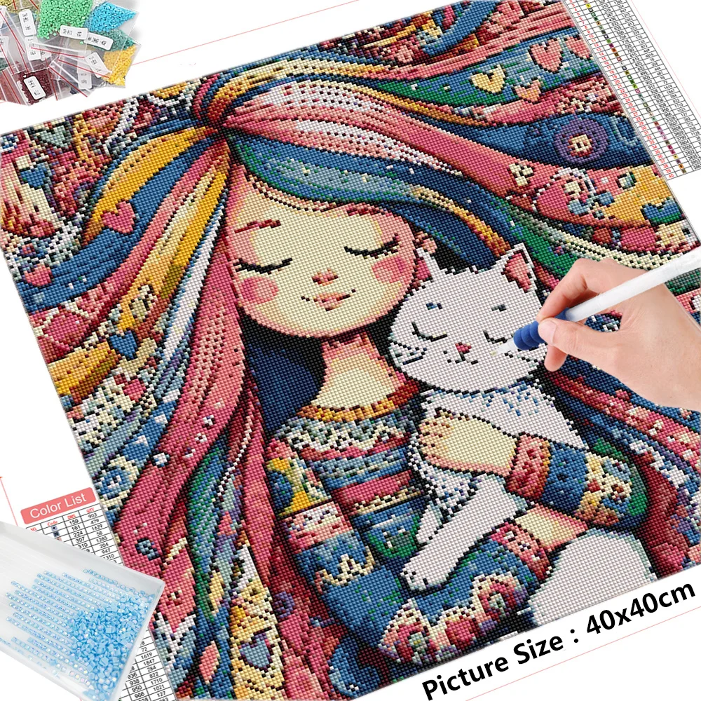 HUACAN Diamond Embroidery Girl New Arrival Cat Painting Picture Rhinestones Cartoon Mosaic Cross Stitch 5D DIY Handmade Gift