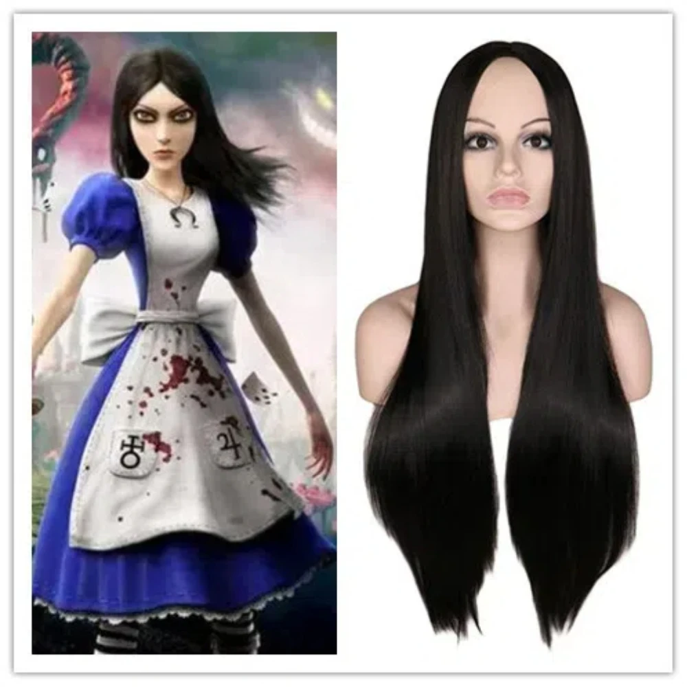 Alice Madness Returns Perucas Meninas Longo Preto Reto Parte Média Perucas Sintéticas para Traje Cosplay Peruca Completa